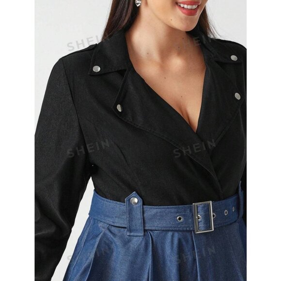 Shein Sylvia Mollie Plus Faux Denim Black Peplum Colorblock Blazer Jacket 12, 0X - Picture 10 of 11